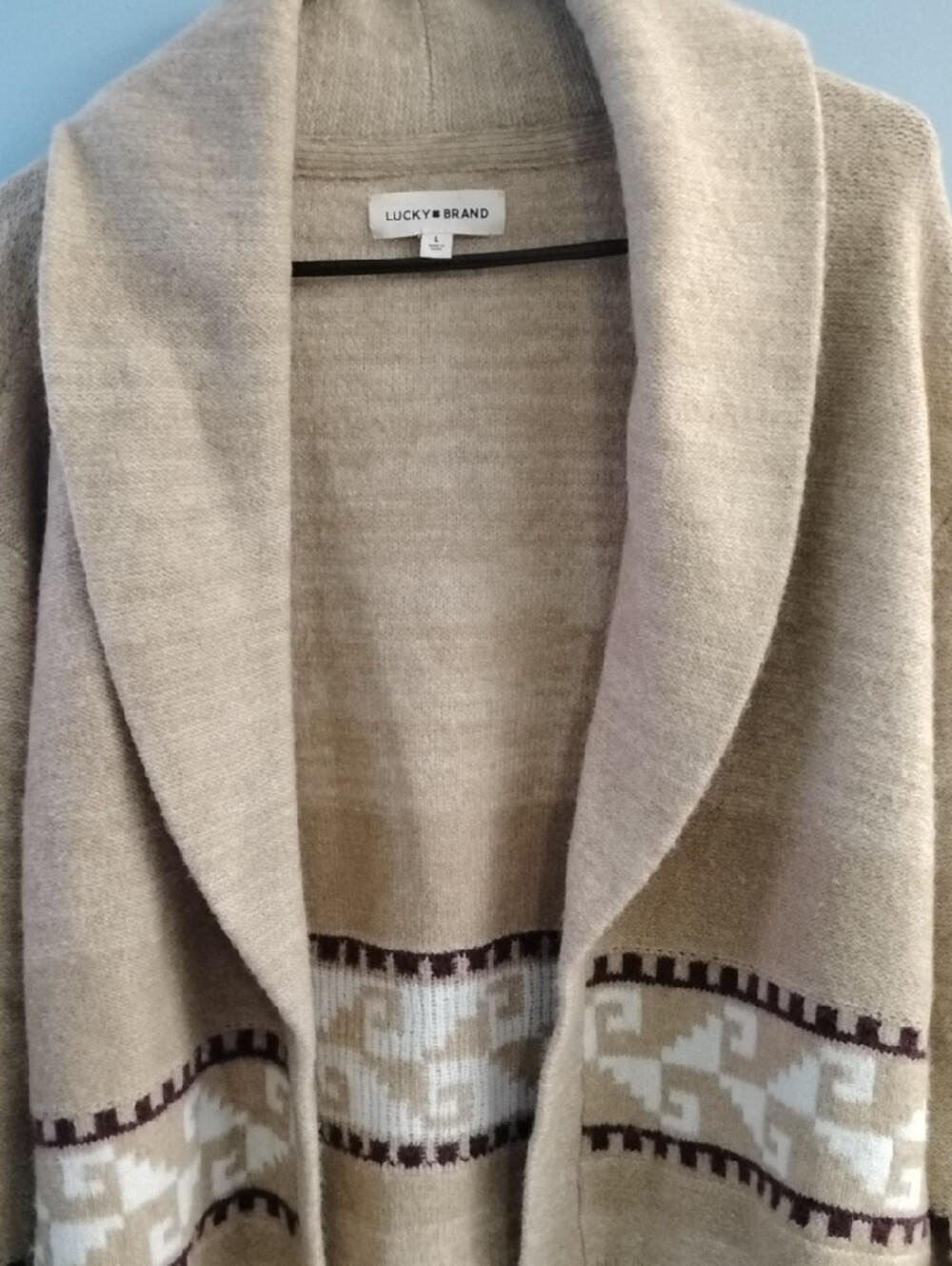 Lucky Brand Beige Shawl Collar Open-Front Cardigan w/ Patterned Trim Size Large - Picture 3 of 4